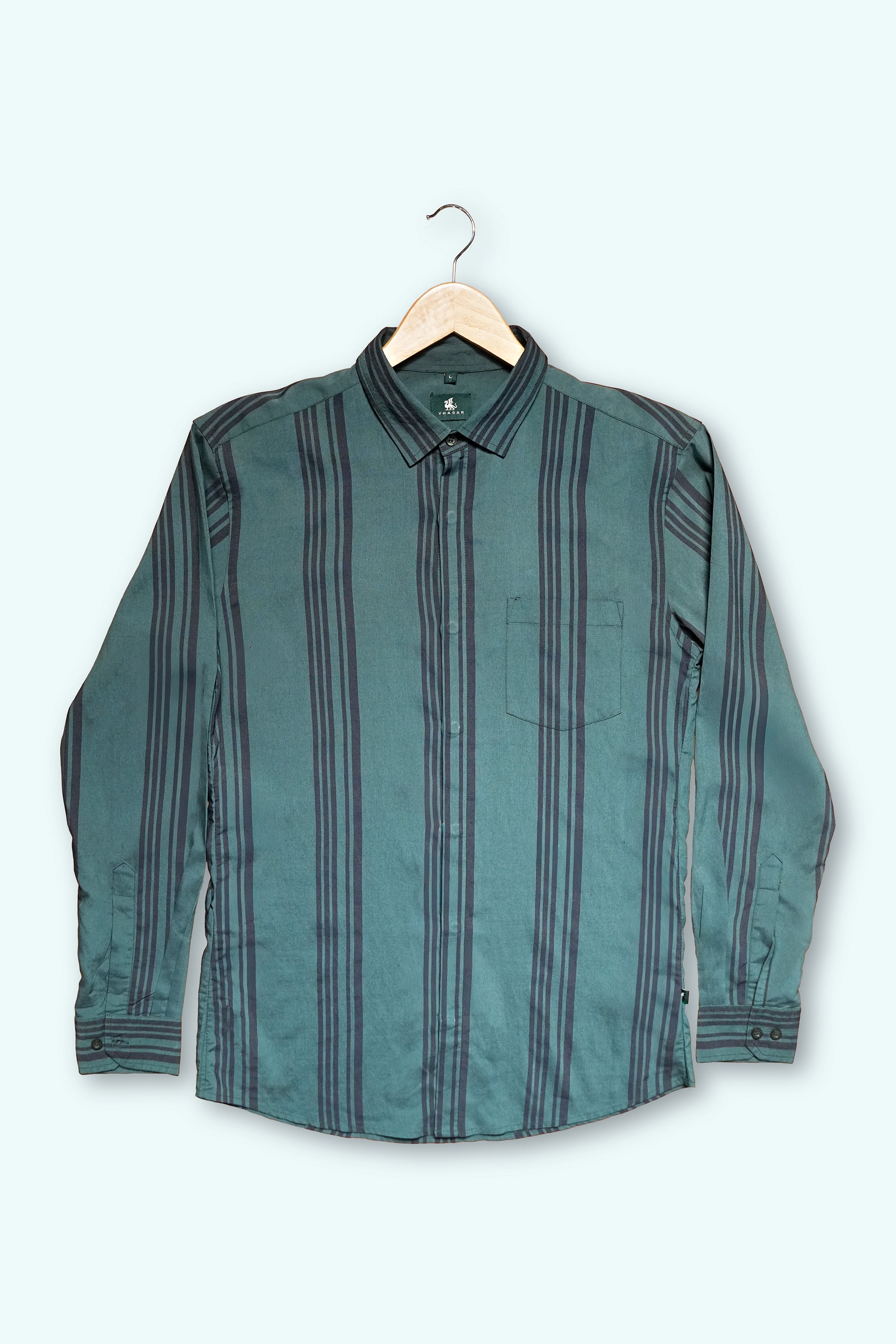 Teal Striped Poly Viscose Regular Fit Shirt