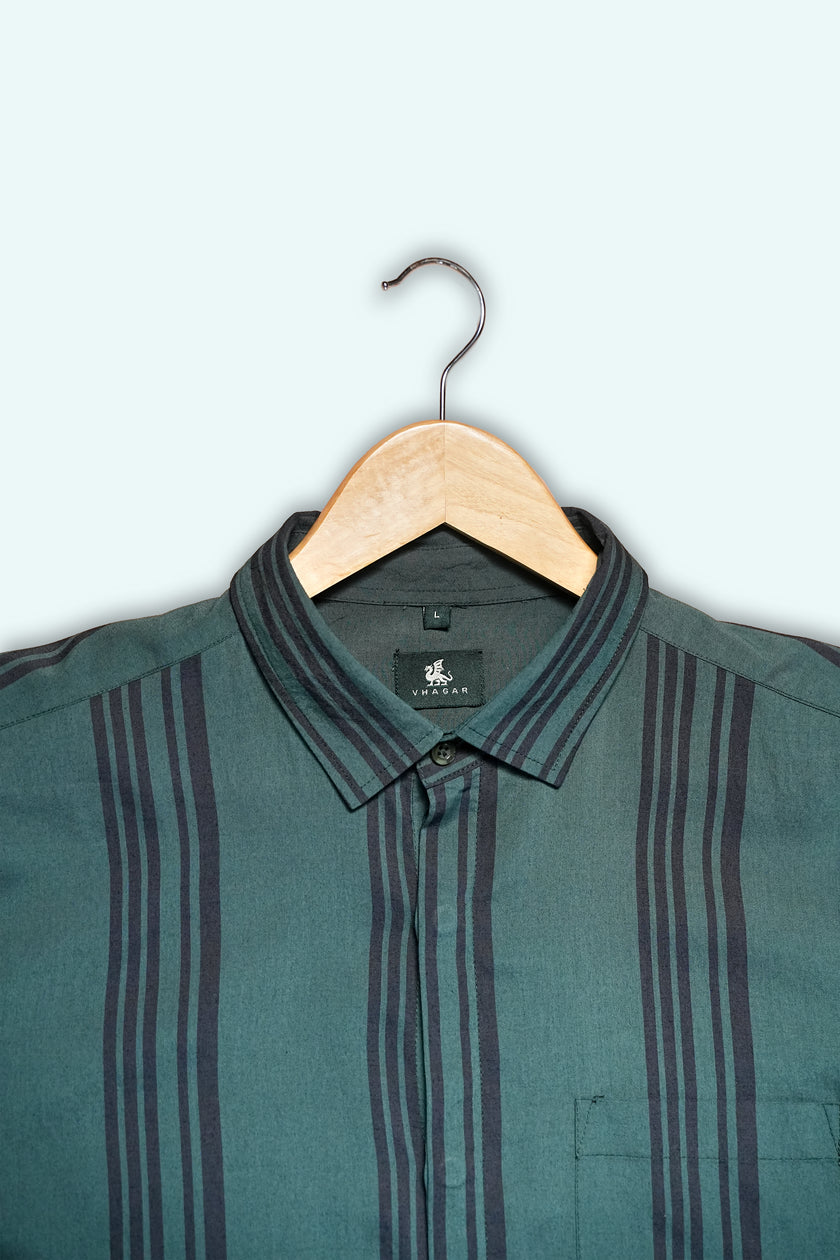Teal Striped Poly Viscose Regular Fit Shirt