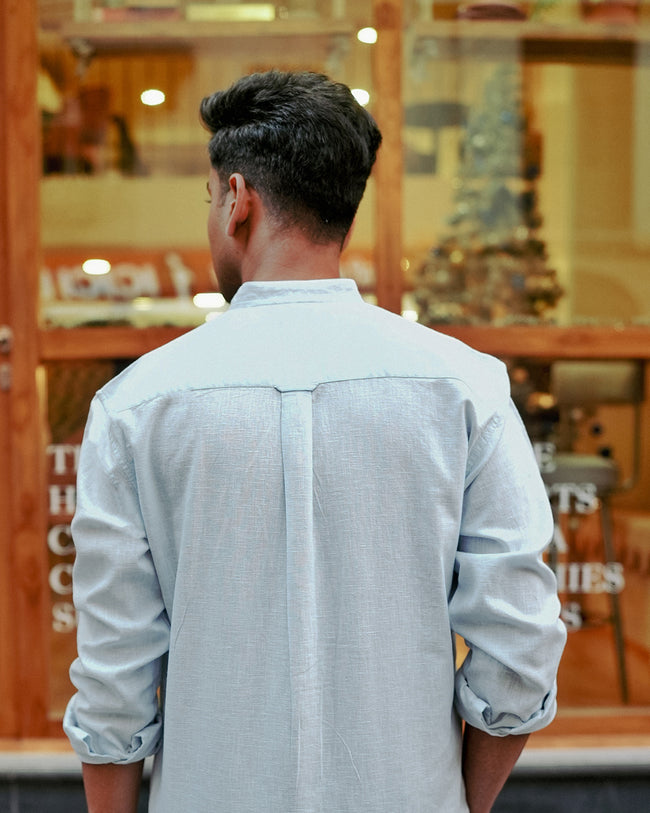 Light Blue Solid Linen Blend Mandarin Collar Shirt