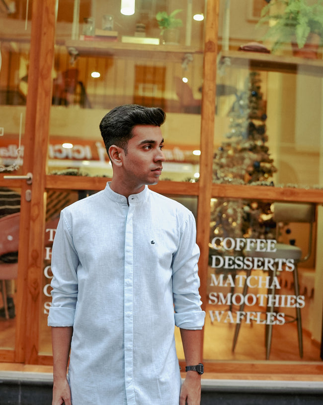 Light Blue Solid Linen Blend Mandarin Collar Shirt