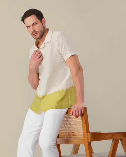 Ivory and Olive Patterned Linen Blend Short Sleeve Shirt