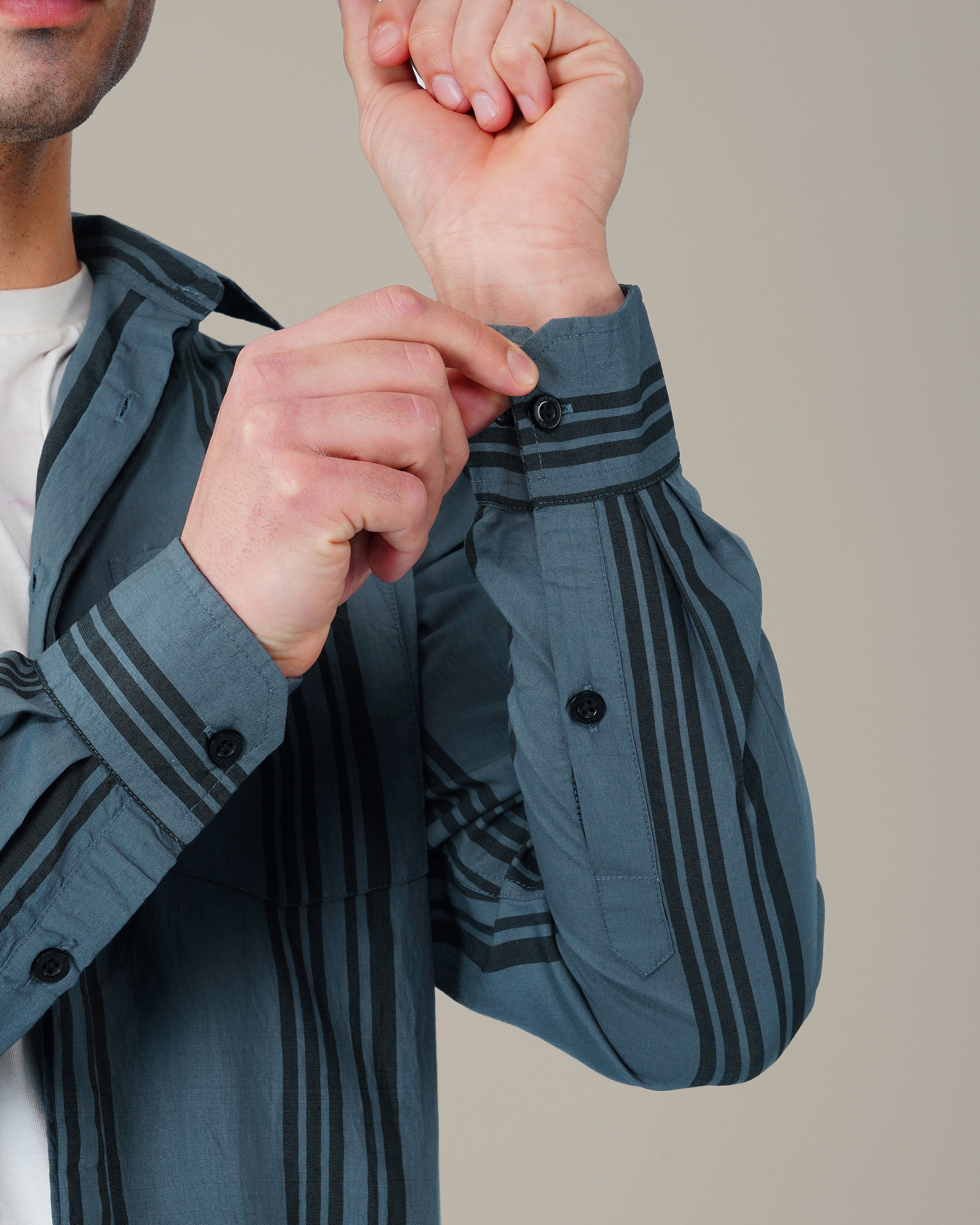 Steel Blue Striped Poly Viscose Blend Regular Collar Shirt