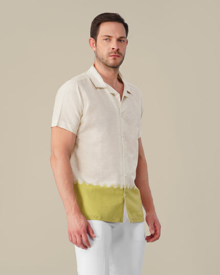 Ivory and Olive Patterned Linen Blend Short Sleeve Shirt