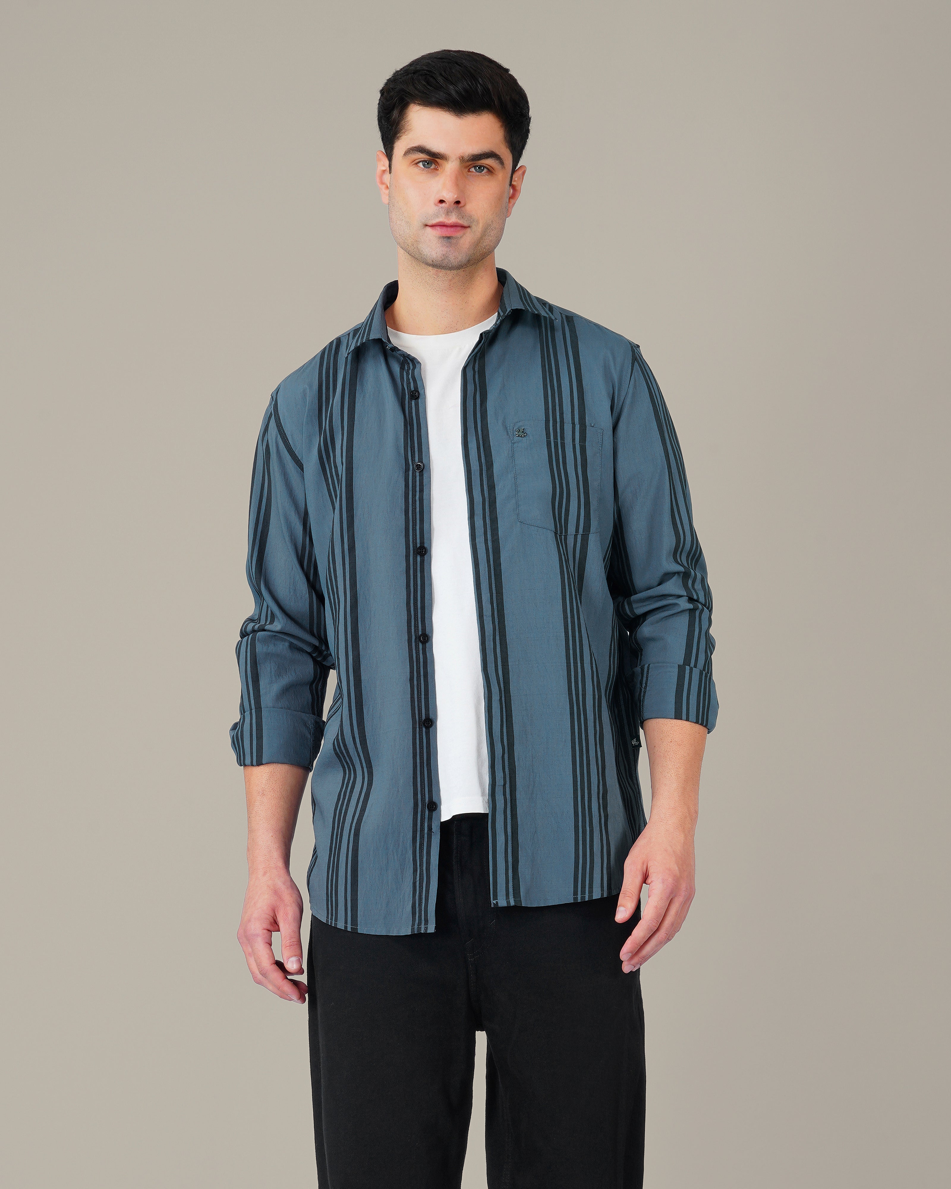 Steel Blue Striped Poly Viscose Blend Regular Collar Shirt