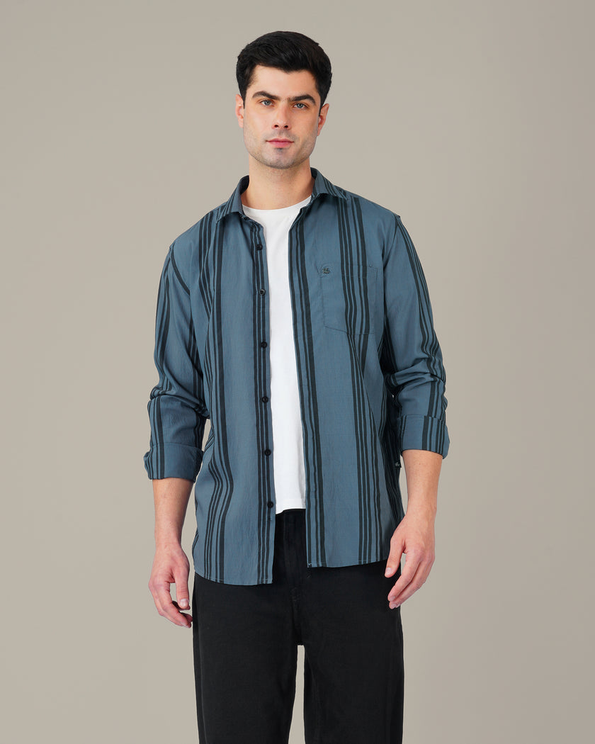 Steel Blue Striped Poly Viscose Blend Regular Collar Shirt