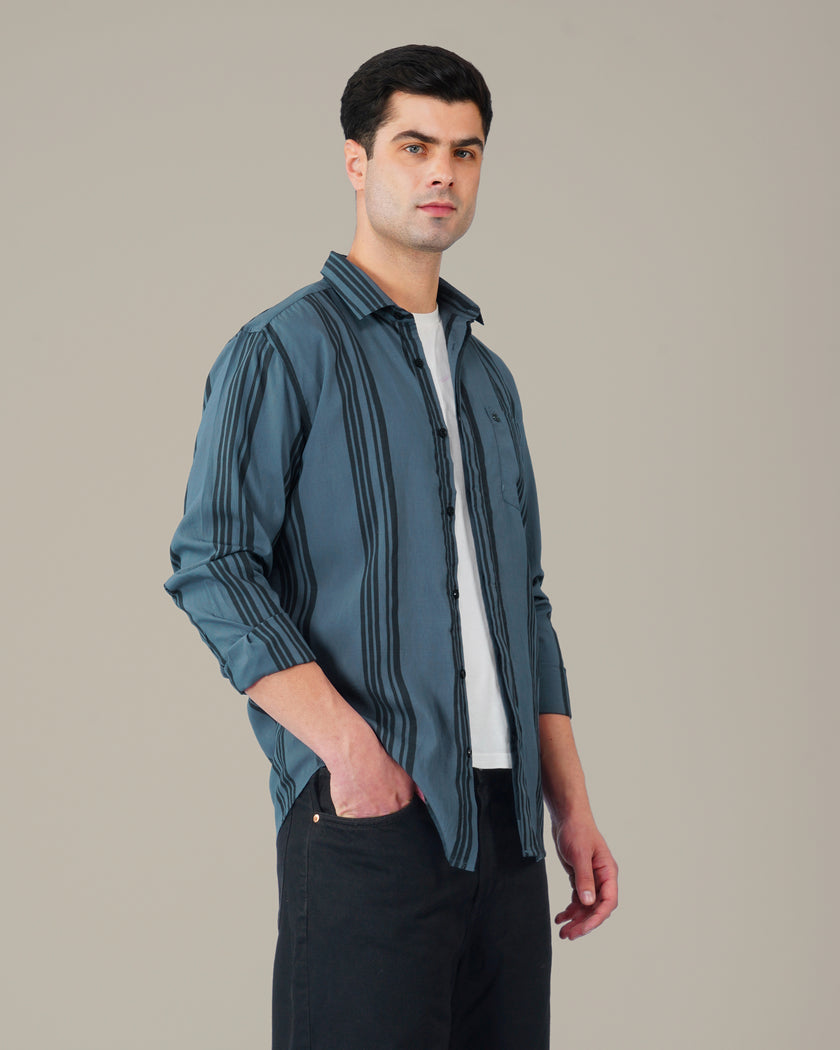 Steel Blue Striped Poly Viscose Blend Regular Collar Shirt