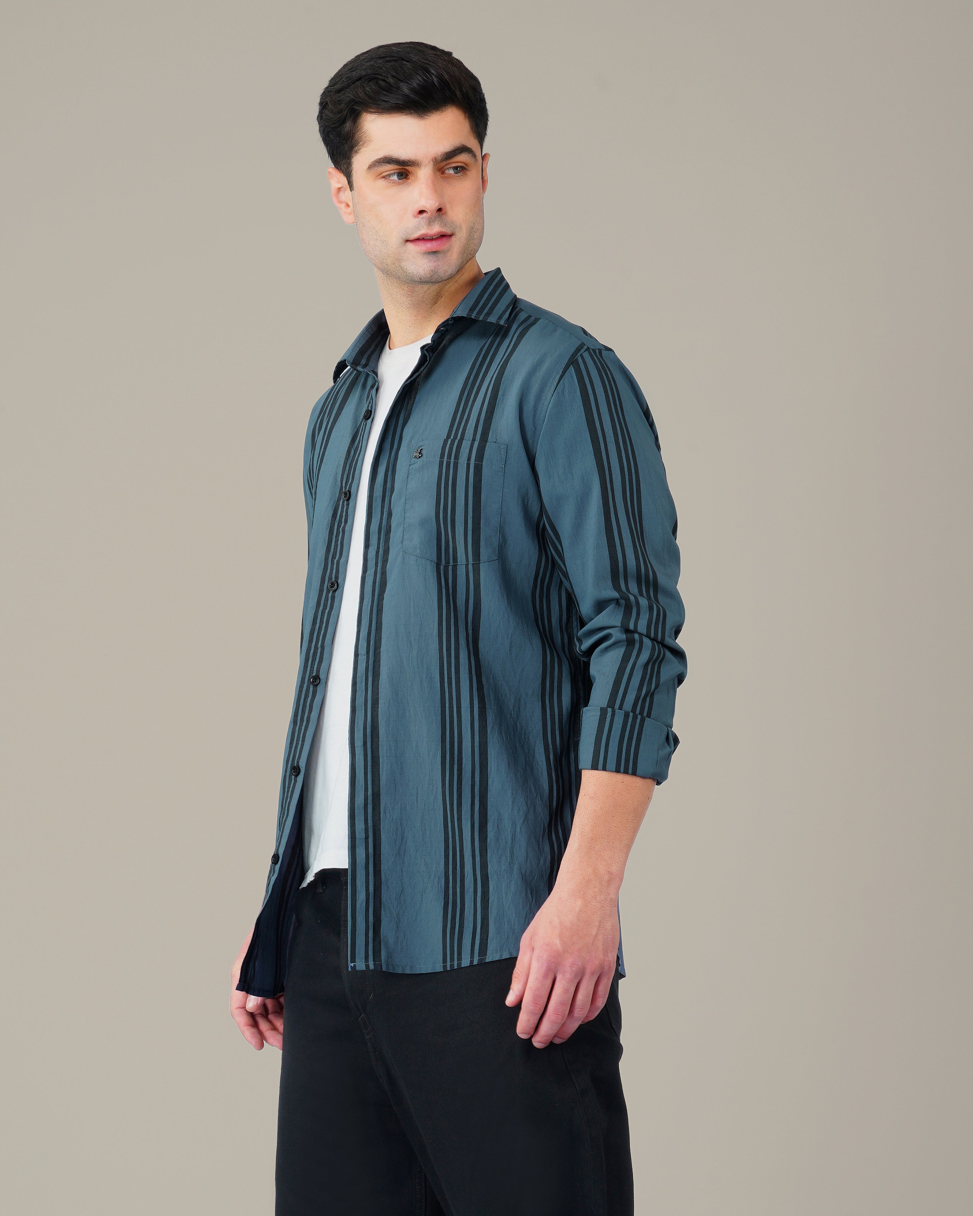 Steel Blue Striped Poly Viscose Blend Regular Collar Shirt