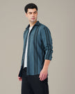 Steel Blue Striped Poly Viscose Blend Regular Collar Shirt