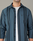Steel Blue Striped Poly Viscose Blend Regular Collar Shirt