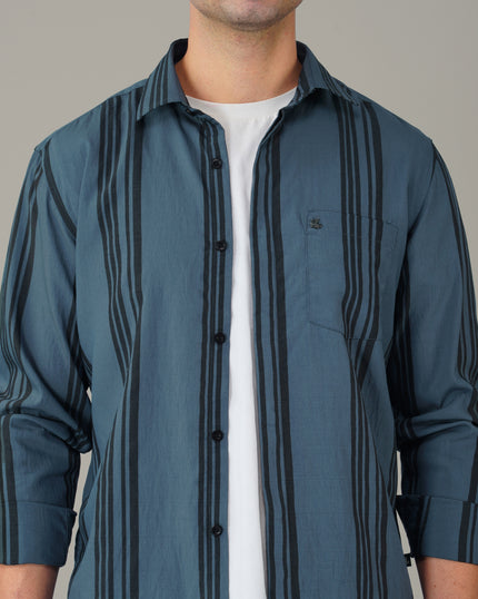 Steel Blue Striped Poly Viscose Blend Regular Collar Shirt