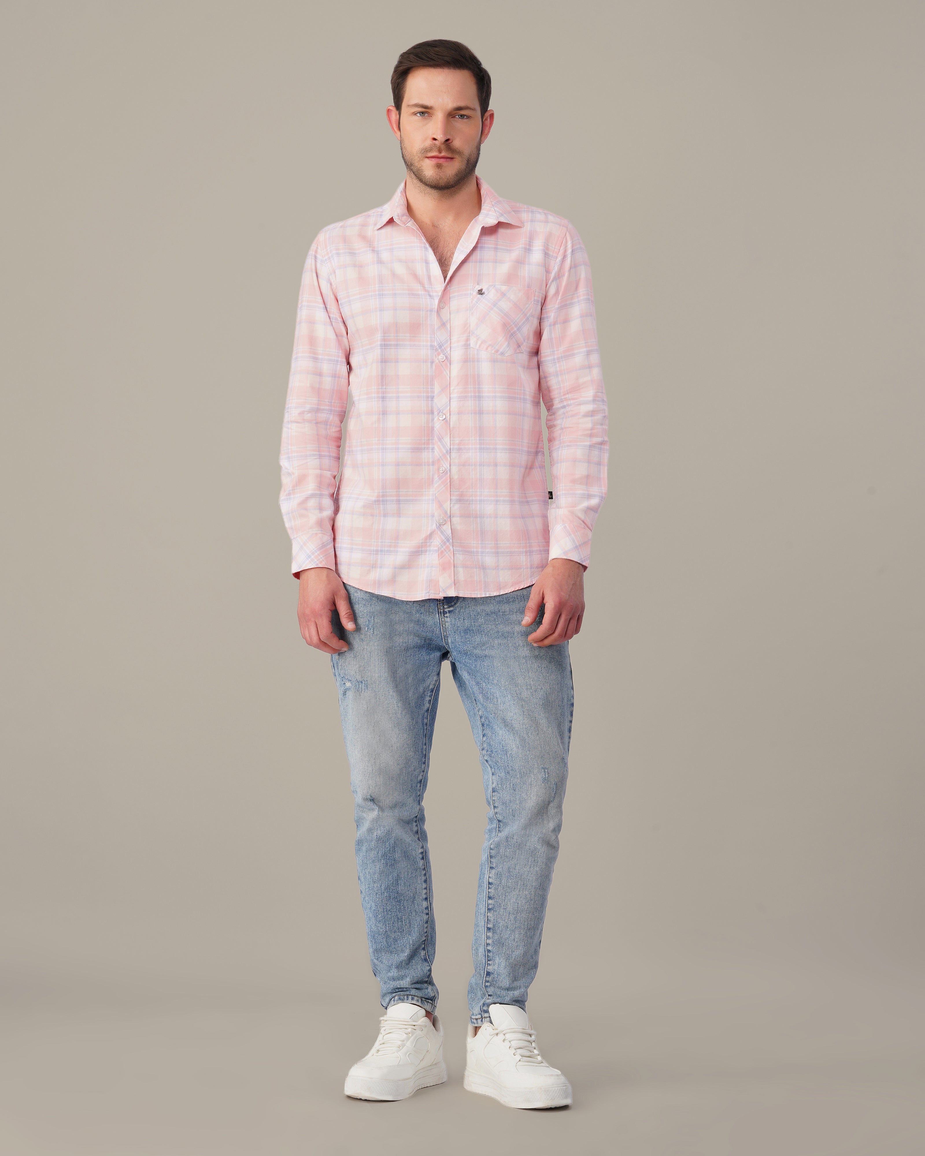 Pastel Pink Plaid Oxford Regular Fit Shirt