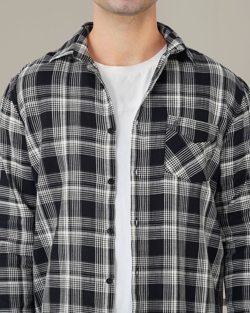 Black and White Plaid Cotton Regular Fit Shirt