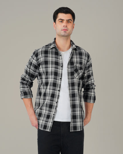 Black and White Plaid Cotton Regular Fit Shirt