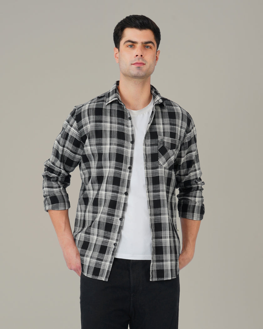 Black and White Plaid Cotton Regular Fit Shirt