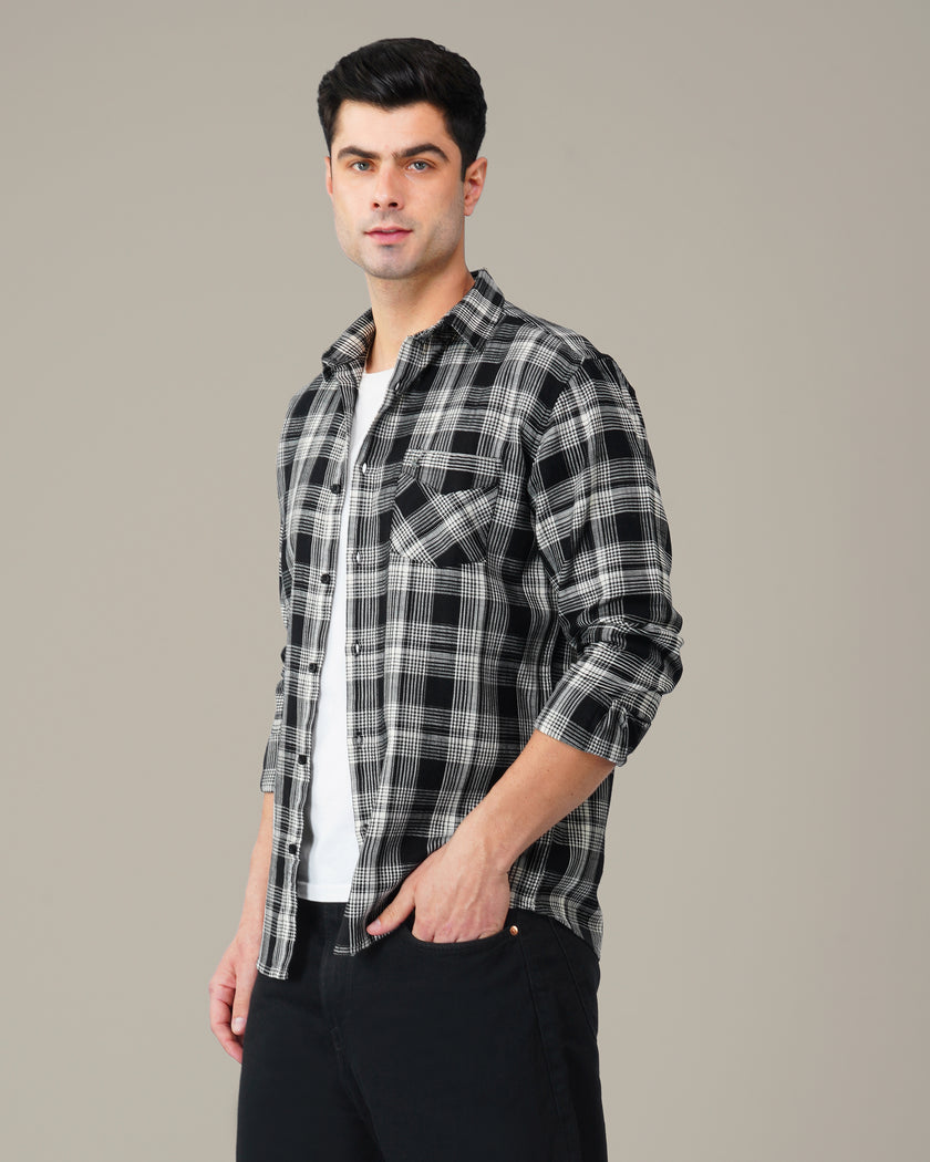 Black and White Plaid Cotton Regular Fit Shirt