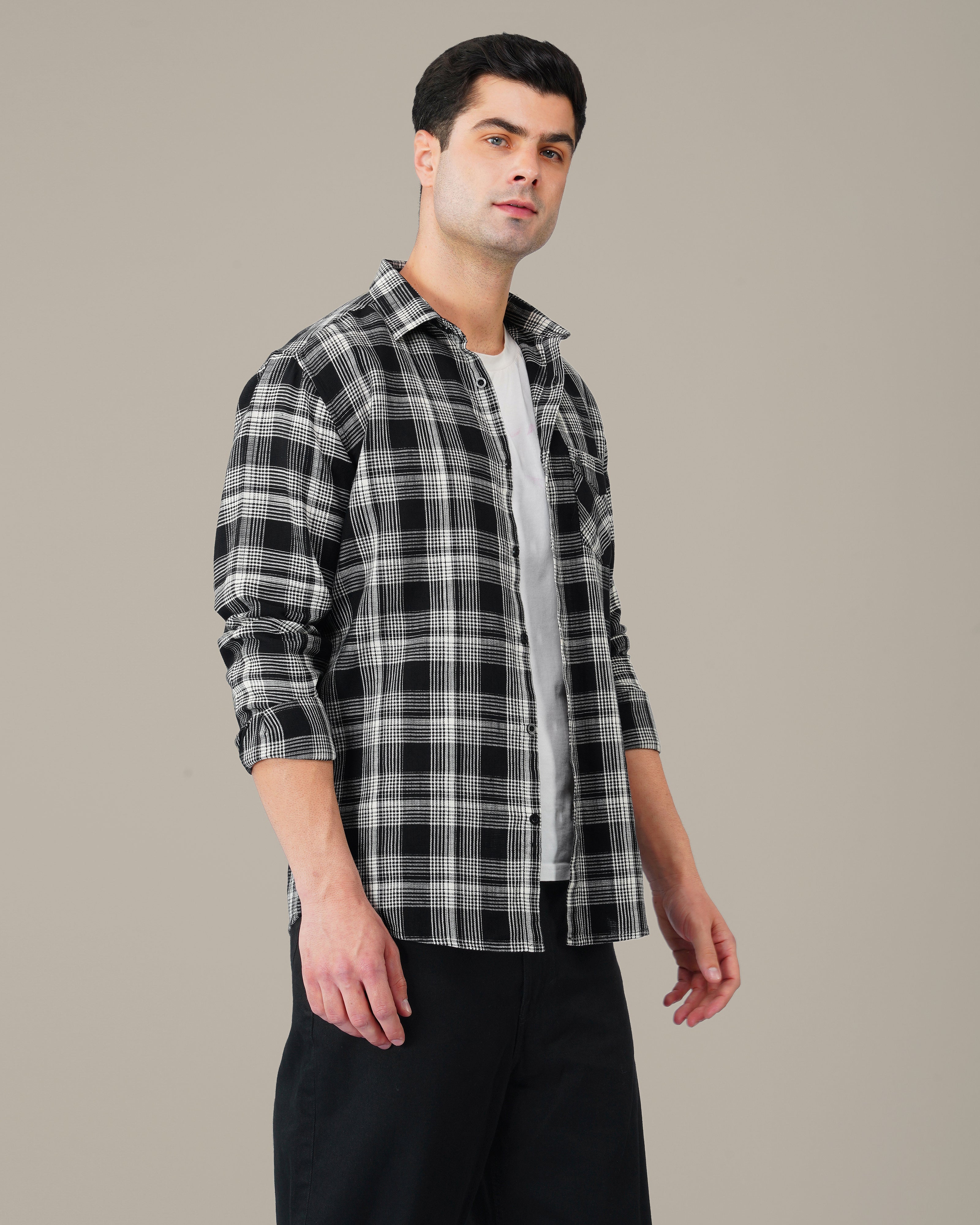 Black and White Plaid Cotton Regular Fit Shirt