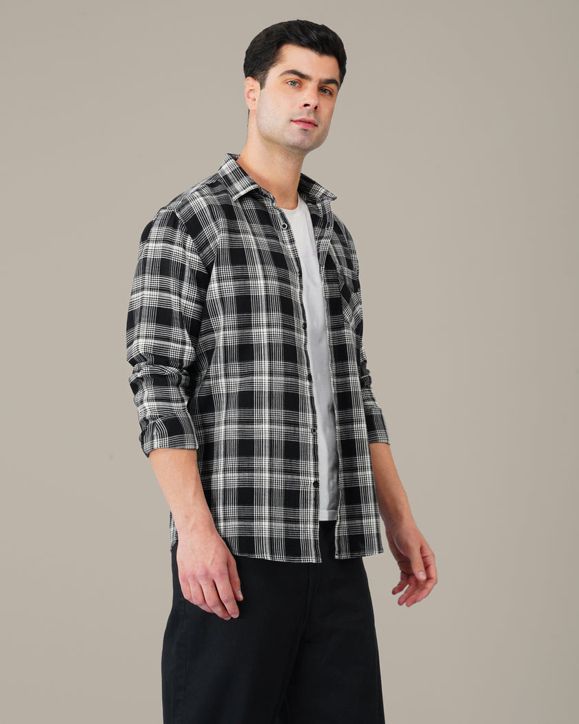 Black and White Plaid Cotton Regular Fit Shirt