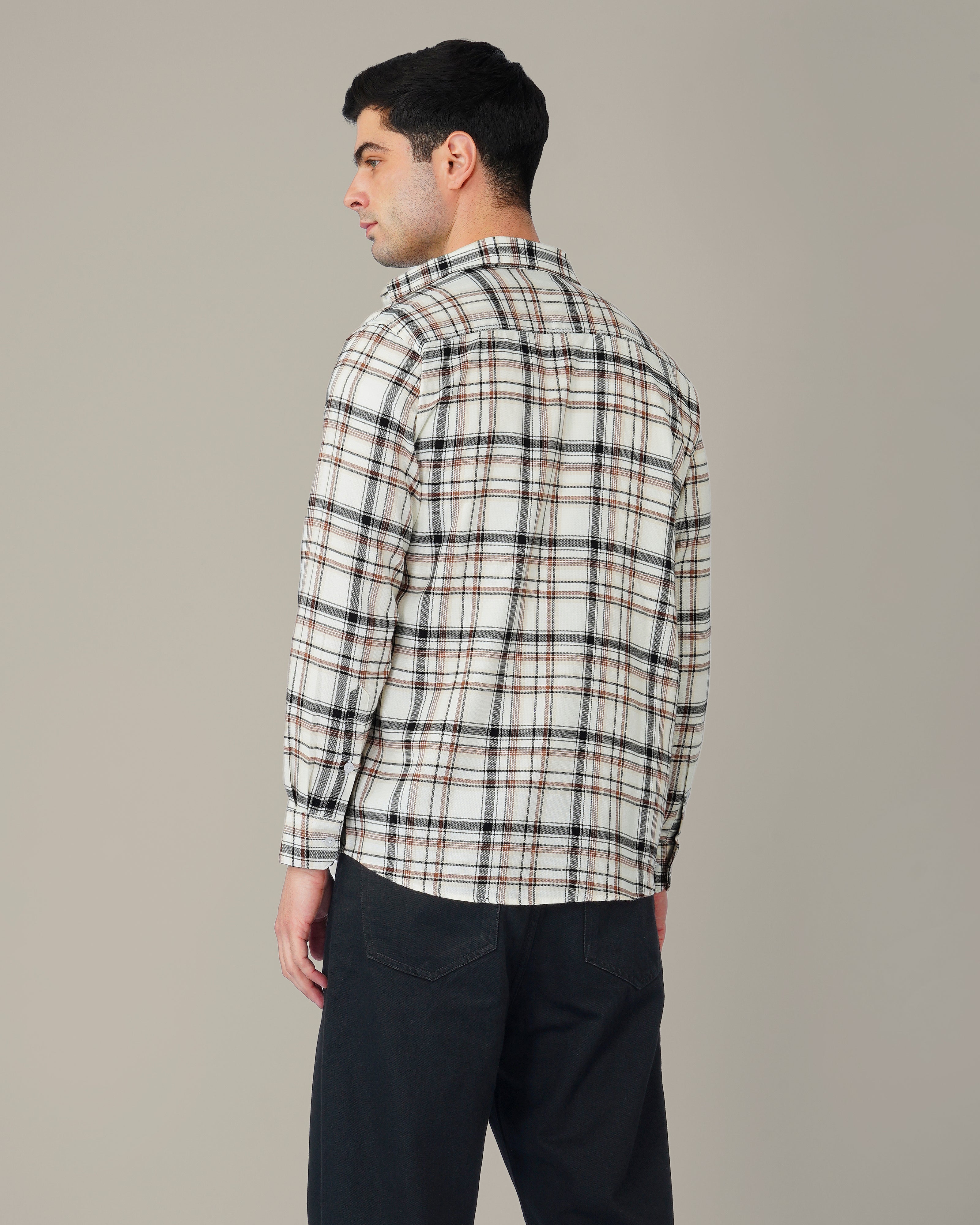 Cream and Brown Check Poly Viscose Stretch Regular Fit Shirt