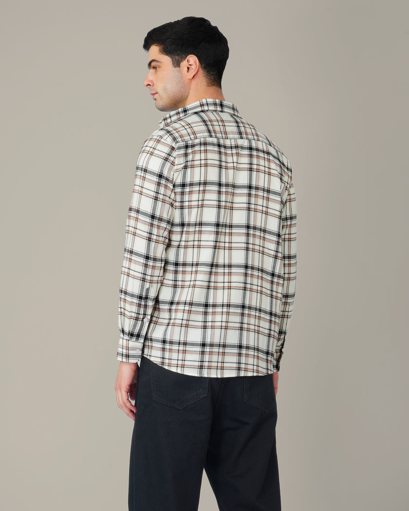 Cream and Brown Check Poly Viscose Stretch Regular Fit Shirt