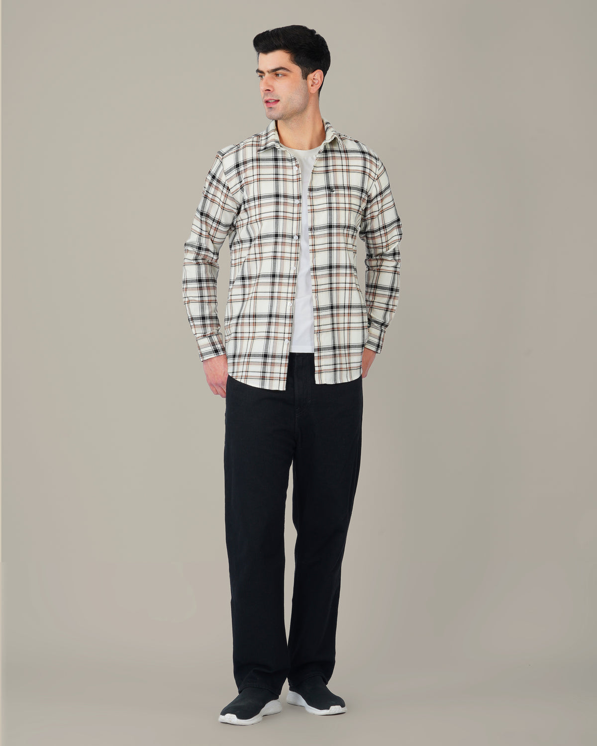 Beige and Black Plaid 100% Cotton Poplin Shirt