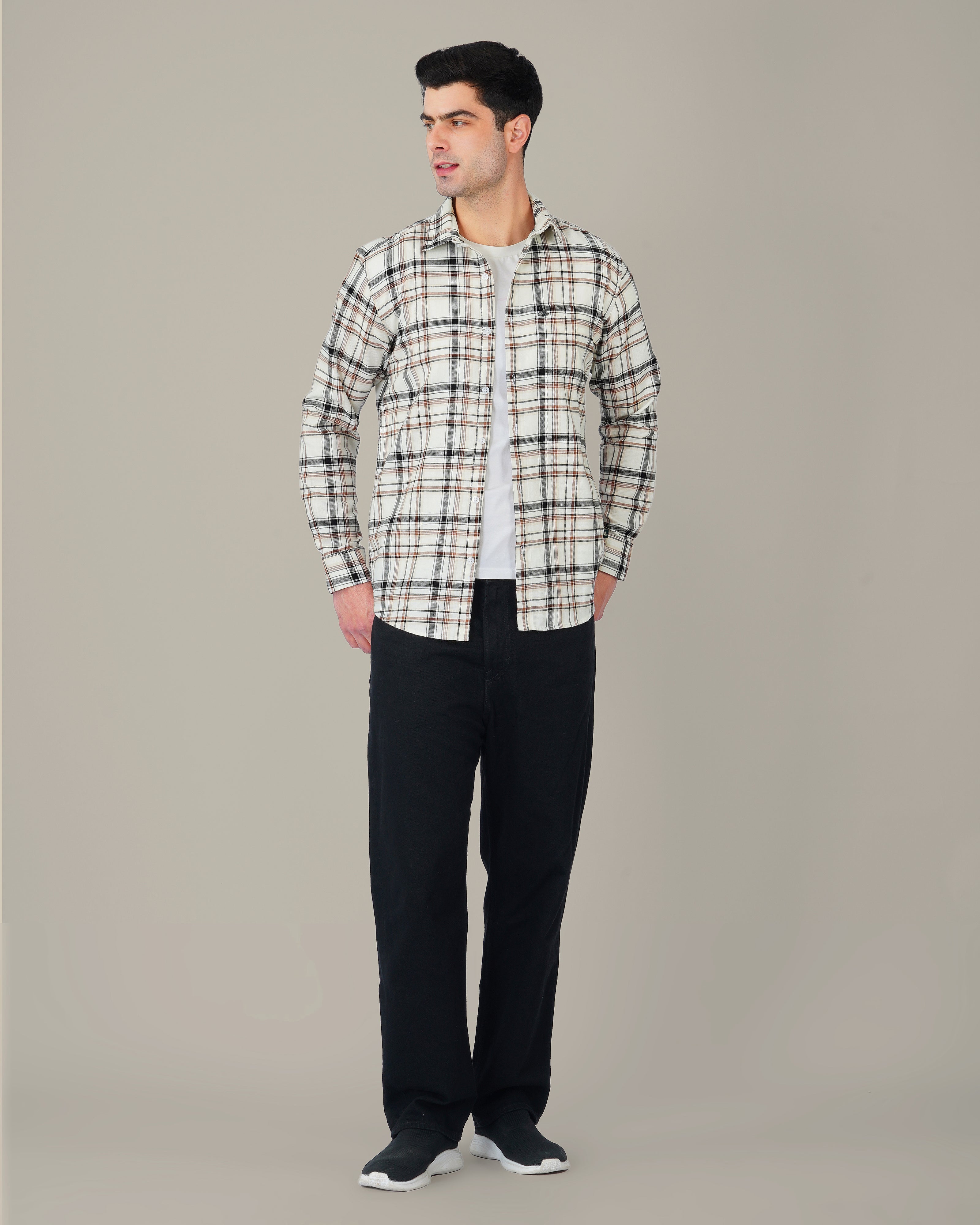 Cream and Brown Check Poly Viscose Stretch Regular Fit Shirt