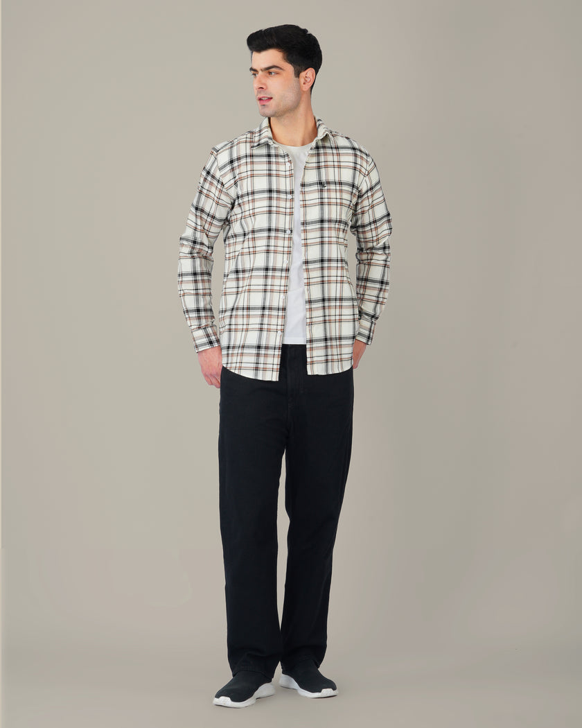 Cream and Brown Check Poly Viscose Stretch Regular Fit Shirt