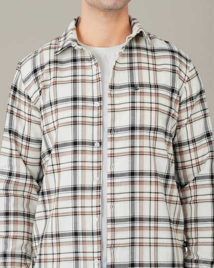 Cream and Brown Check Poly Viscose Stretch Regular Fit Shirt