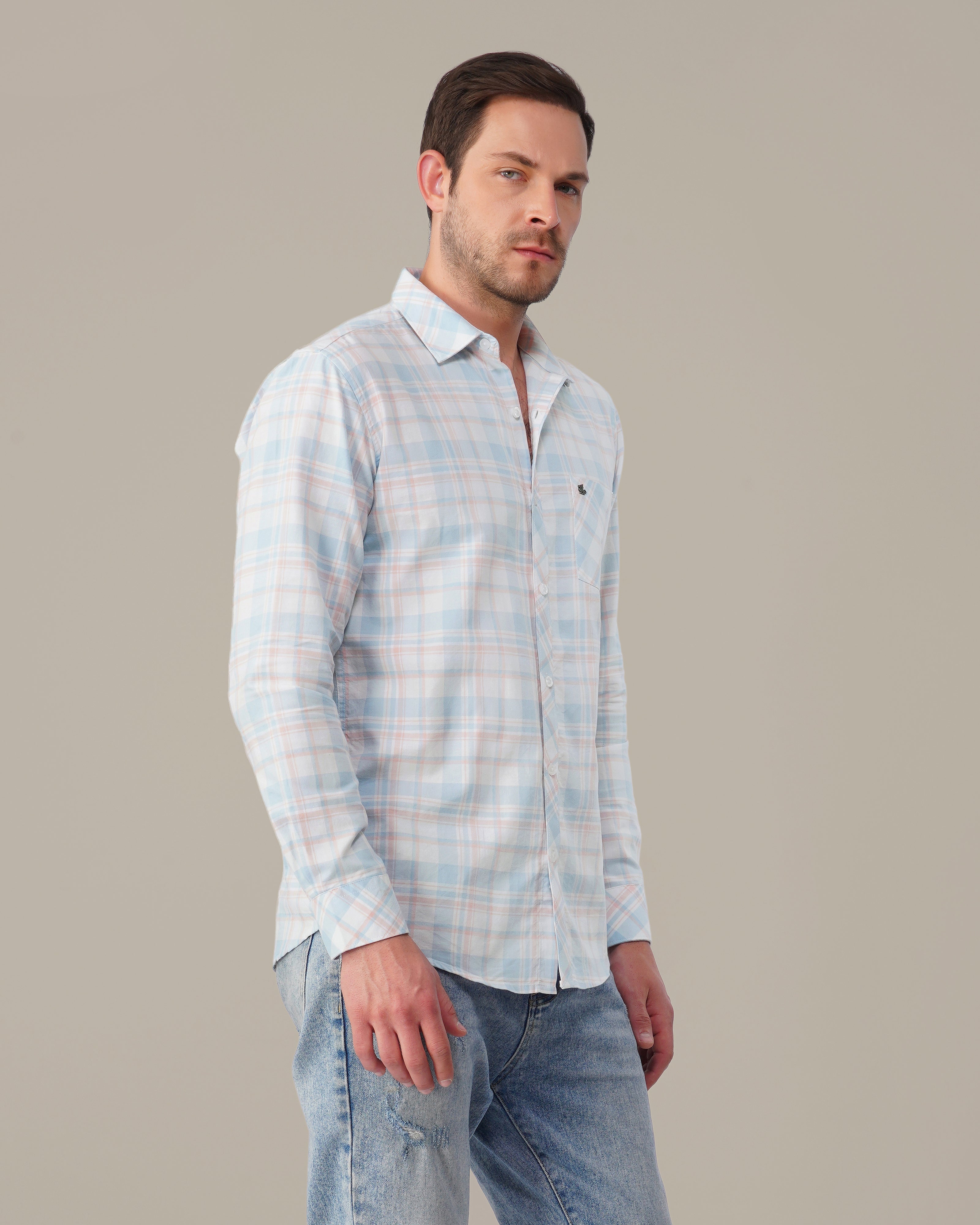 Light Blue and Peach Plaid Oxford Regular Fit Shirt