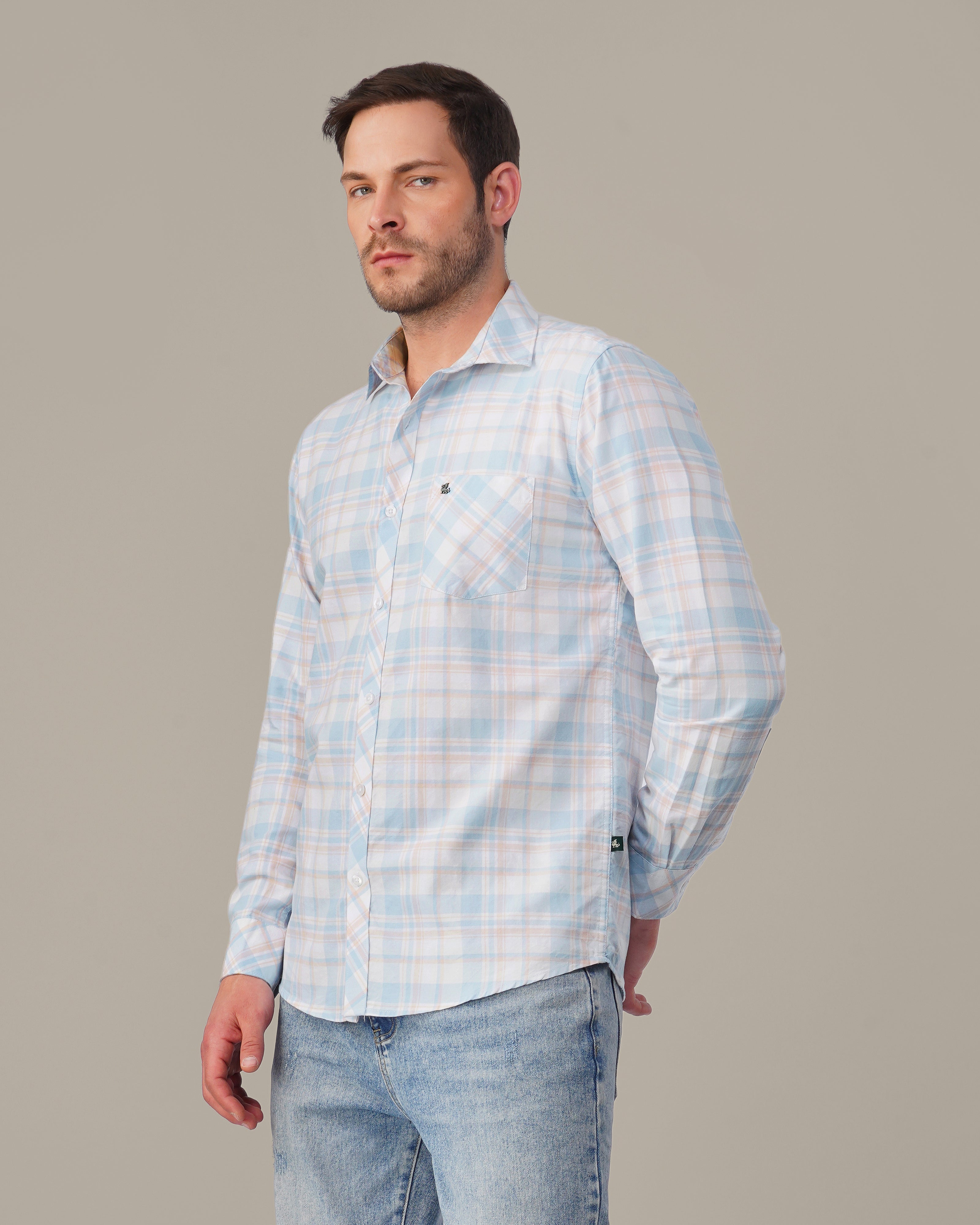 Light Blue and Peach Plaid Oxford Regular Fit Shirt