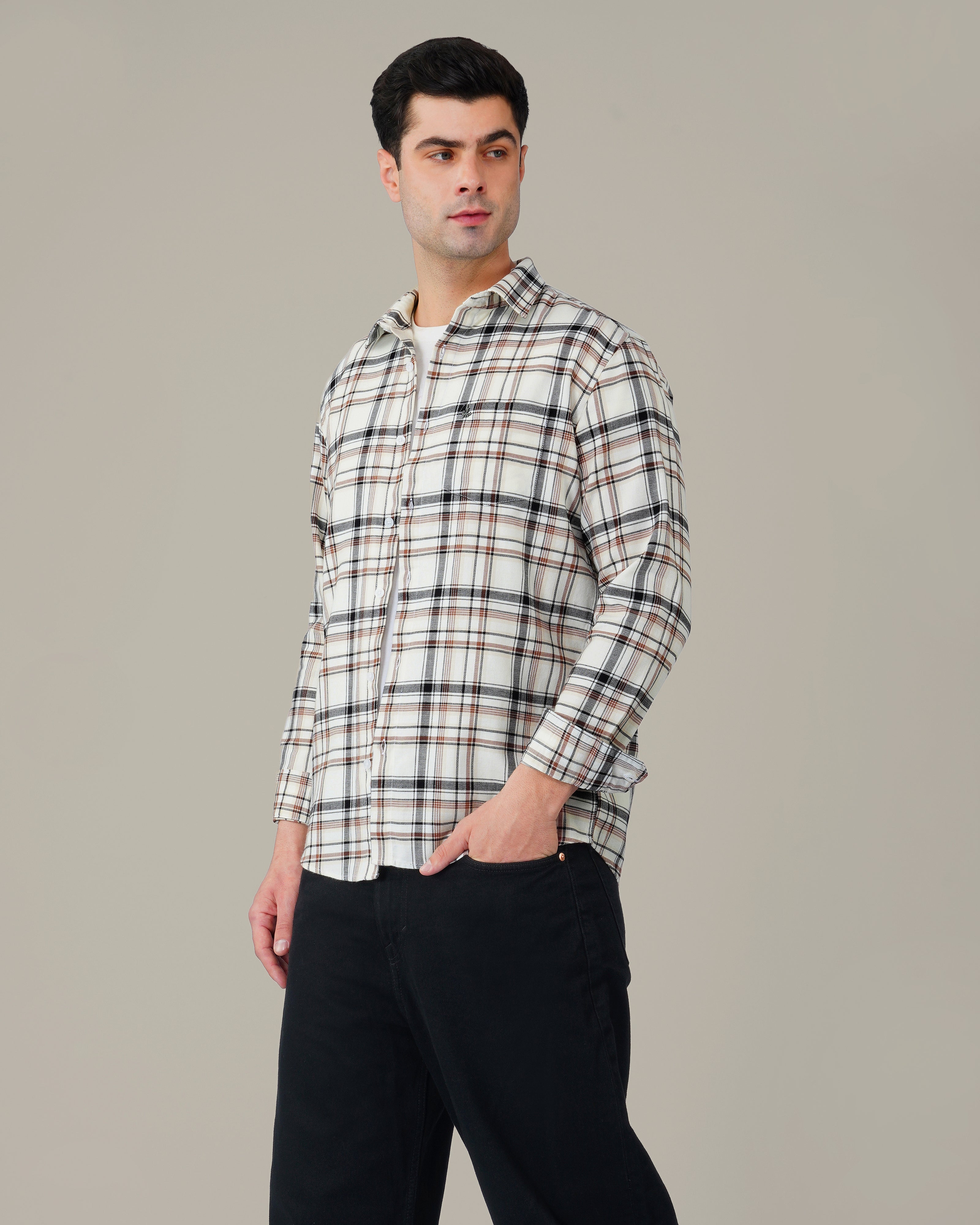 Cream and Brown Check Poly Viscose Stretch Regular Fit Shirt