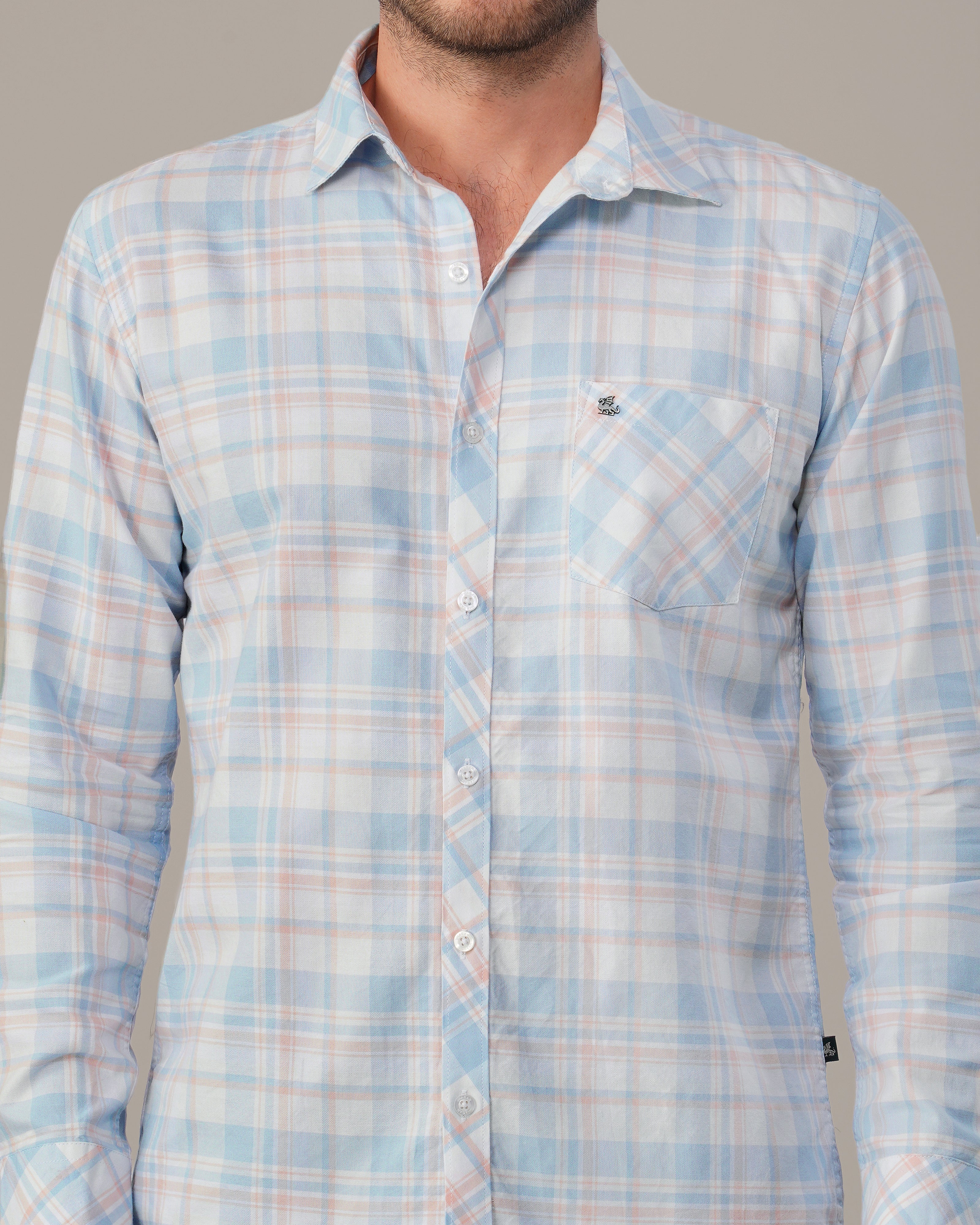 Light Blue and Peach Plaid Oxford Regular Fit Shirt