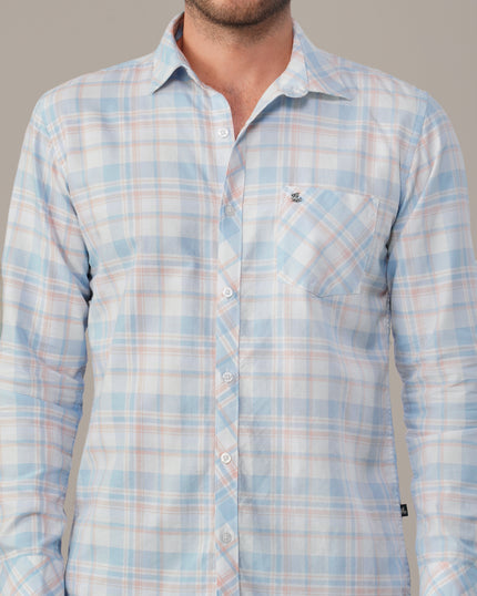 Light Blue and Peach Plaid Oxford Regular Fit Shirt