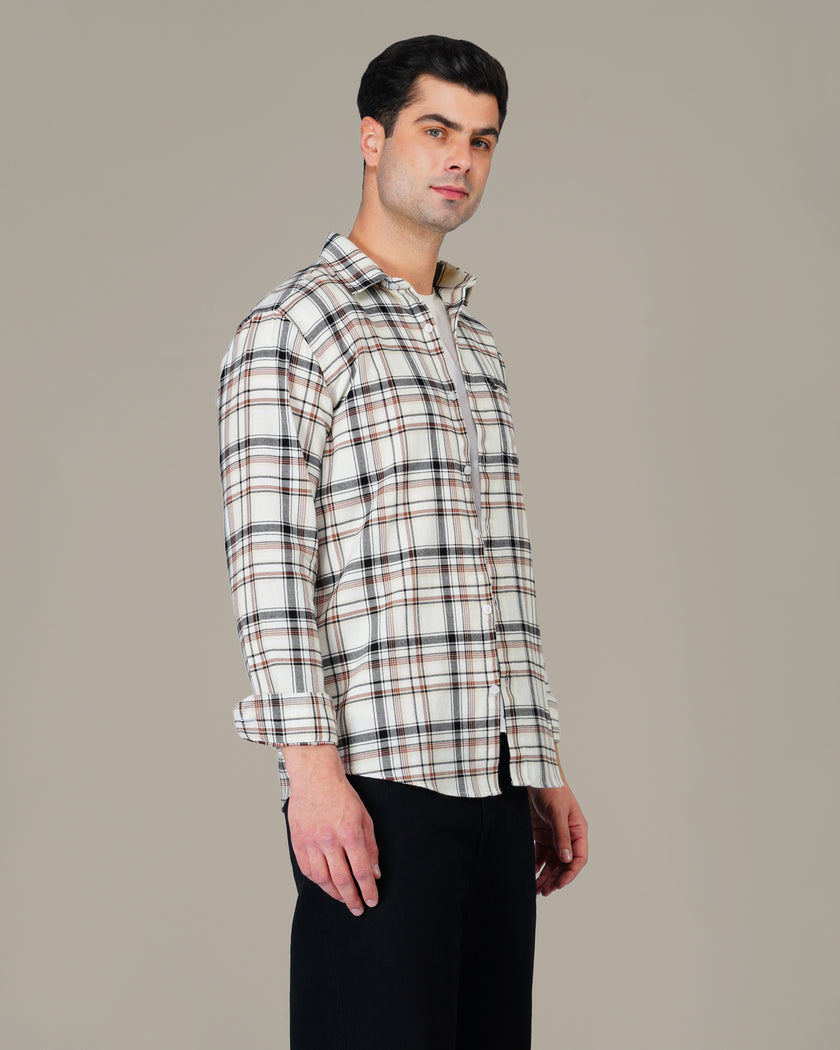 Cream and Brown Check Poly Viscose Stretch Regular Fit Shirt