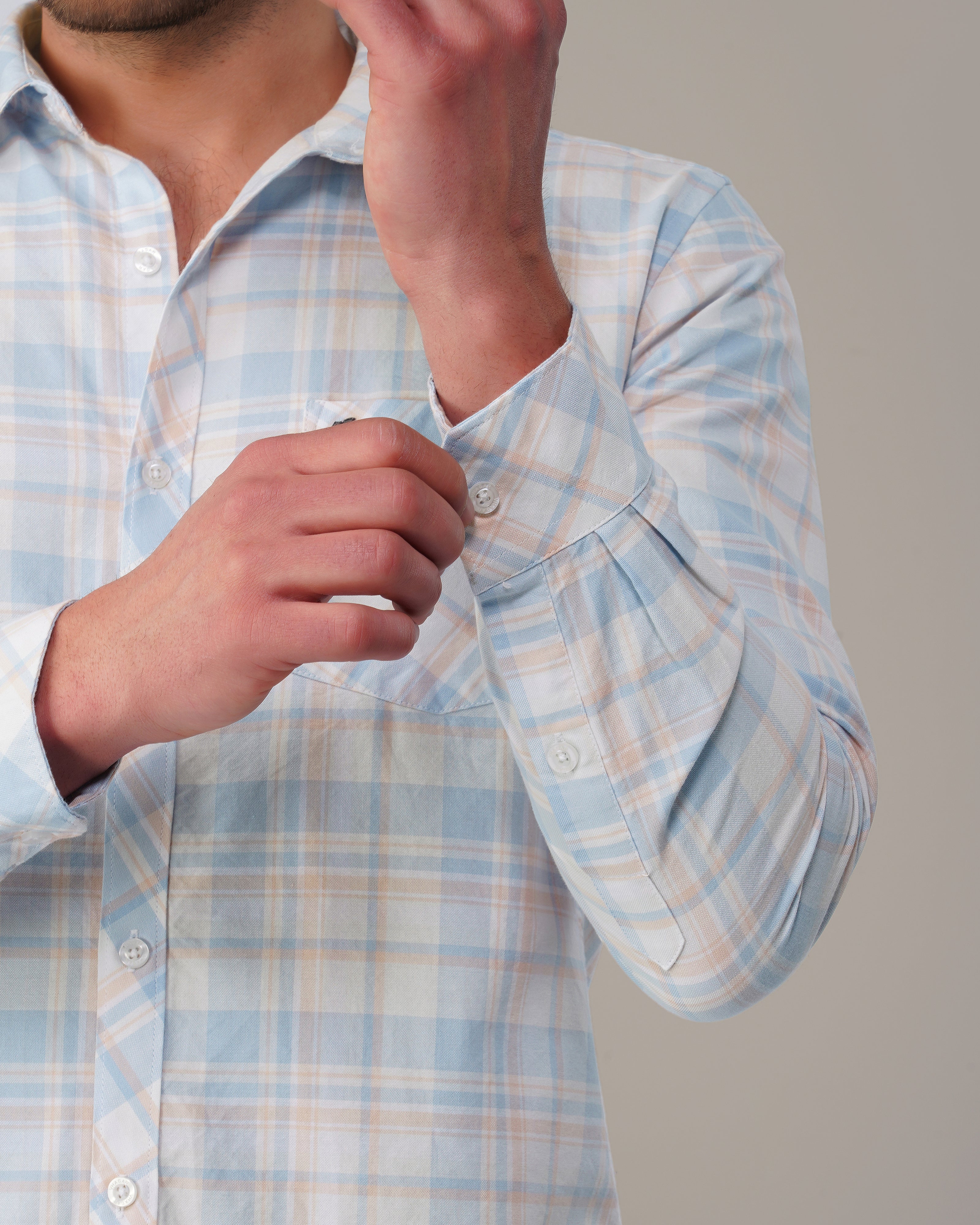 Light Blue and Peach Plaid Oxford Regular Fit Shirt
