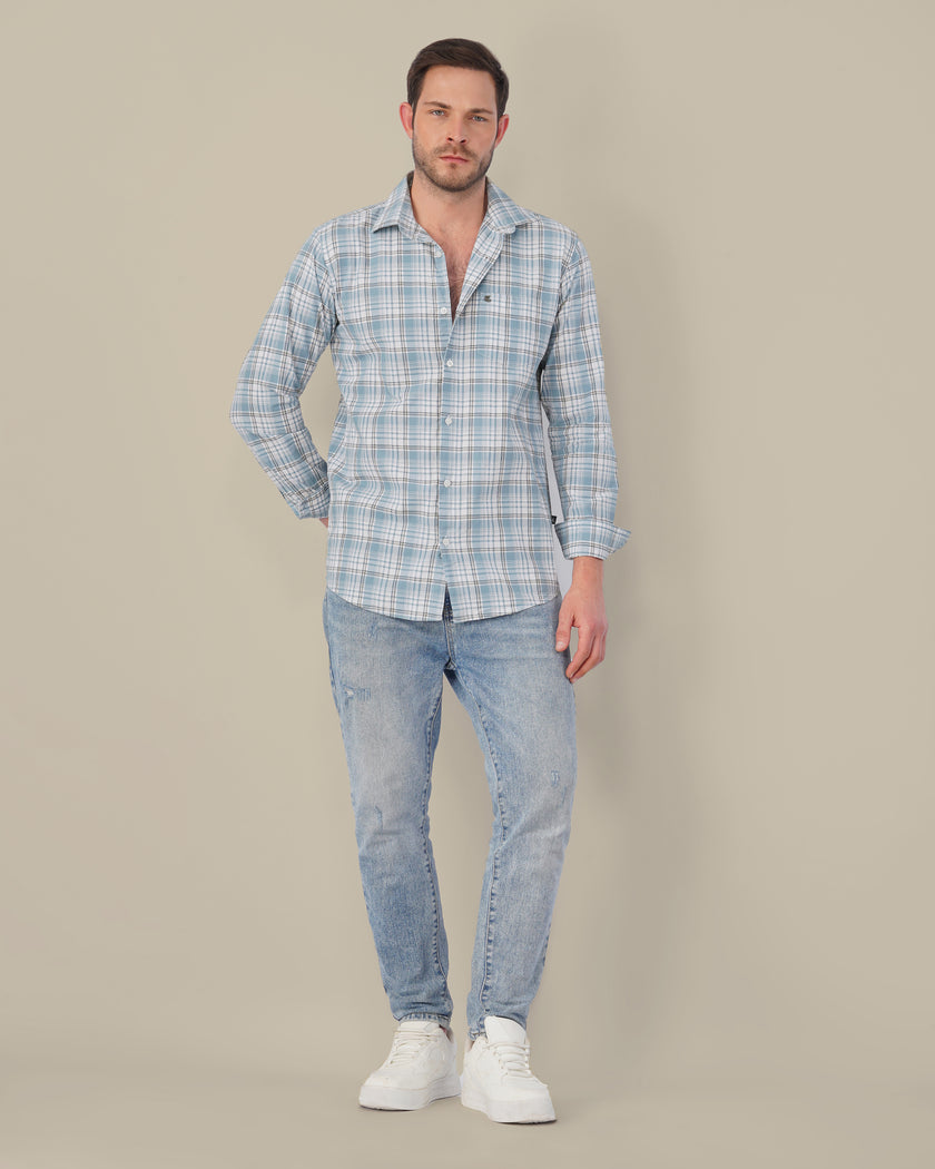 Light Blue Plaid Cotton Slub Regular Fit Shirt