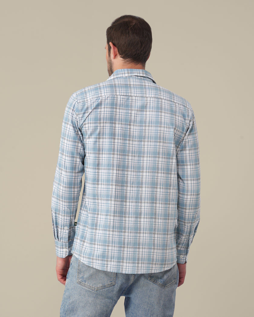 Light Blue Plaid Cotton Slub Regular Fit Shirt