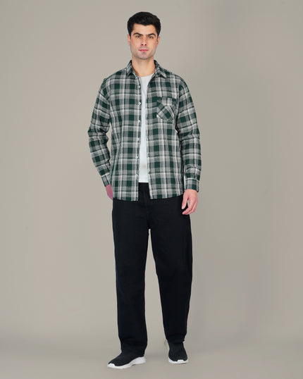 Dark Green and White Plaid 100% Cotton Dobby Weave Shirt
