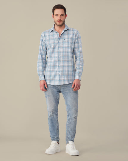 Light Blue Plaid Cotton Slub Regular Fit Shirt