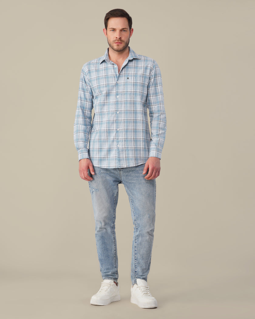 Light Blue Plaid Cotton Slub Regular Fit Shirt