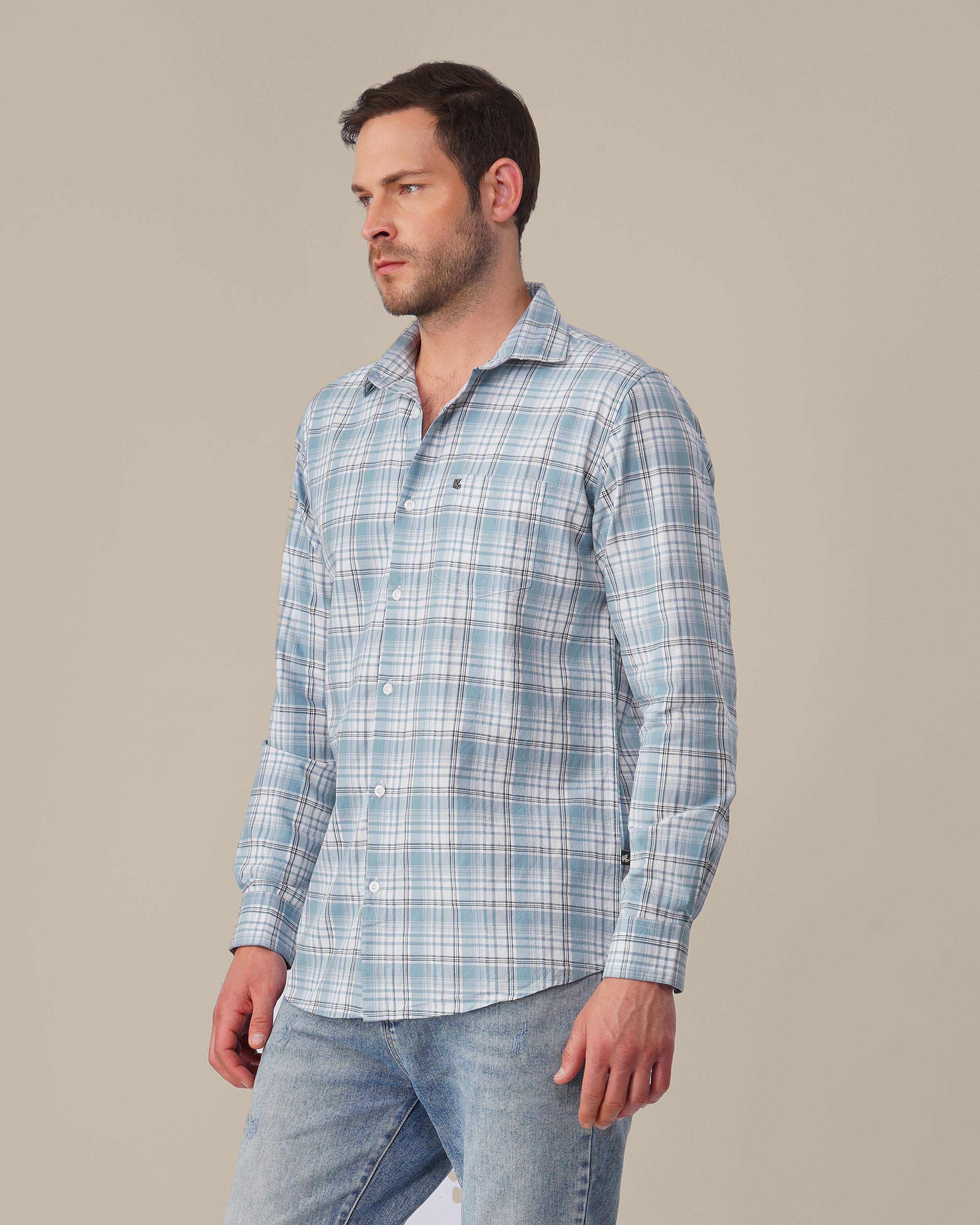 Light Blue Plaid Cotton Slub Regular Fit Shirt