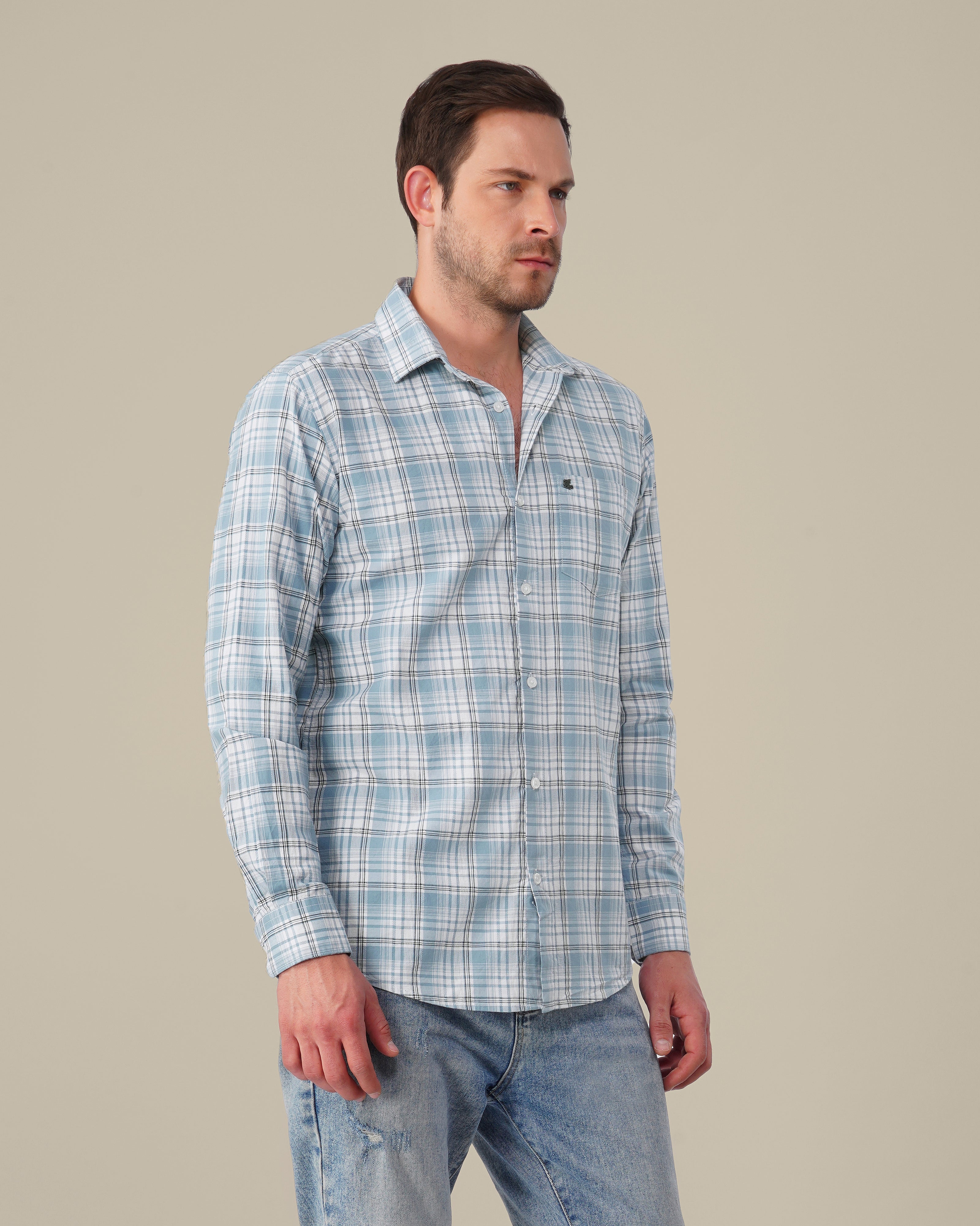 Light Blue Plaid Cotton Slub Regular Fit Shirt