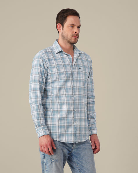 Light Blue Plaid Cotton Slub Regular Fit Shirt