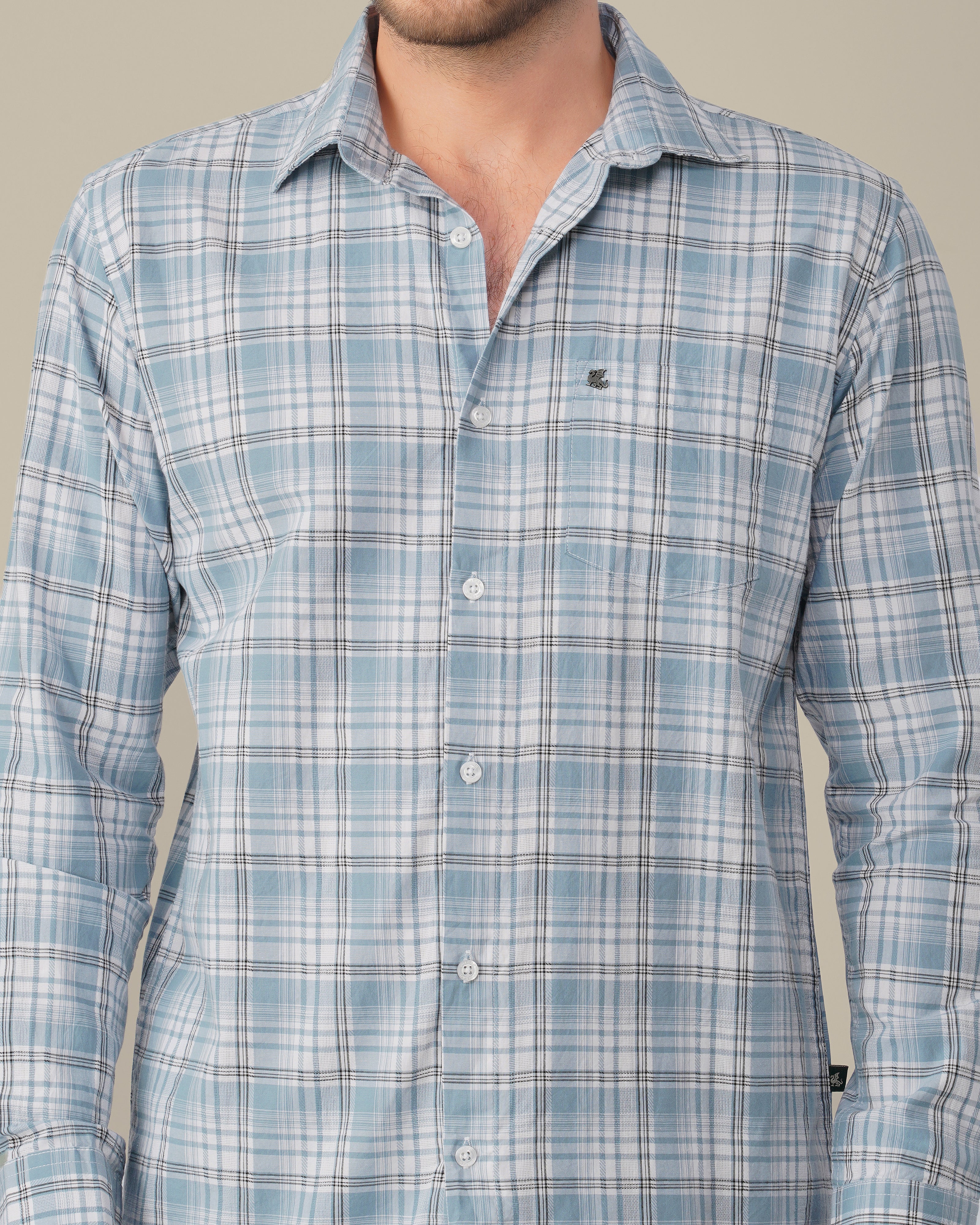 Light Blue Plaid Cotton Slub Regular Fit Shirt
