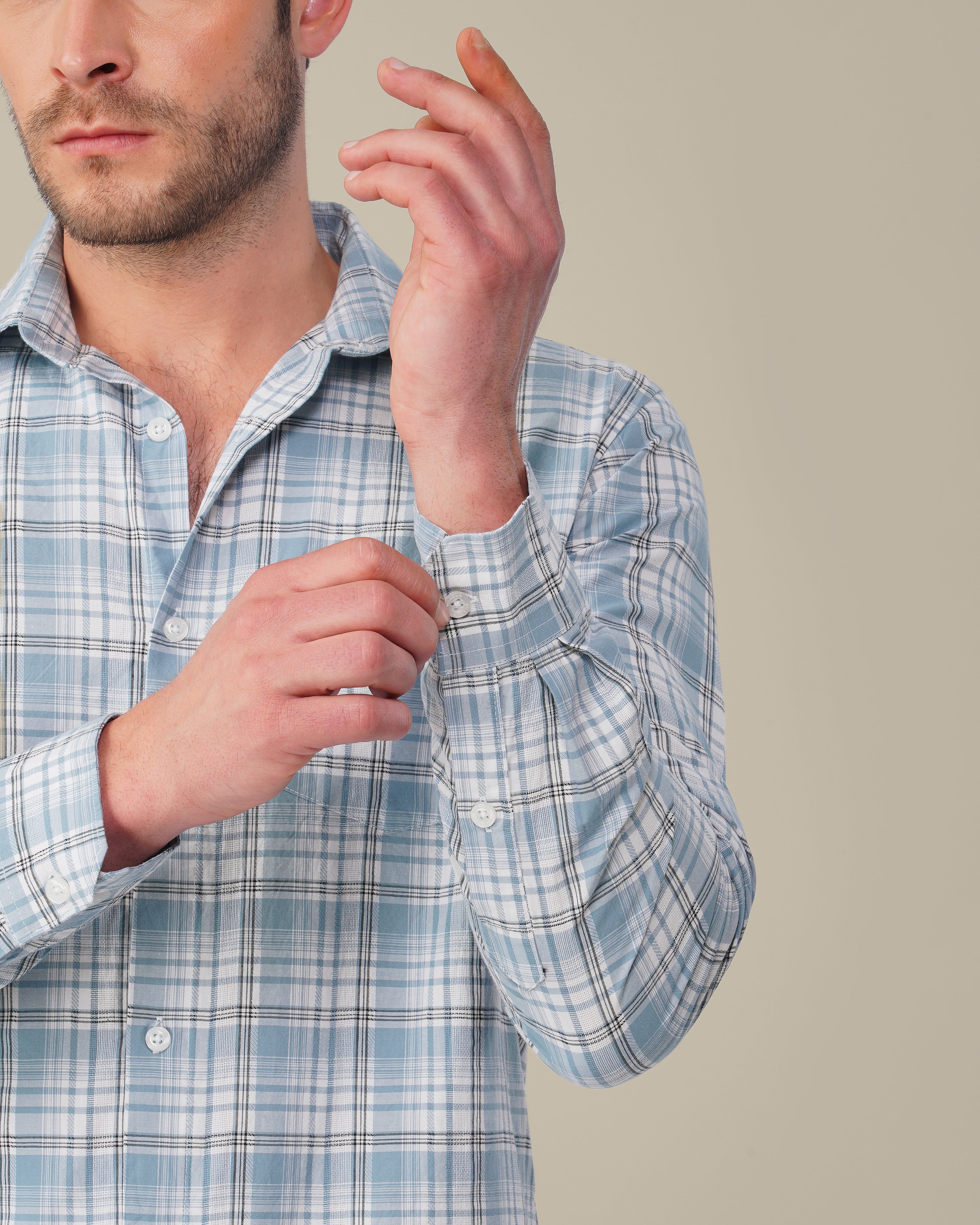 Light Blue Plaid Cotton Slub Regular Fit Shirt