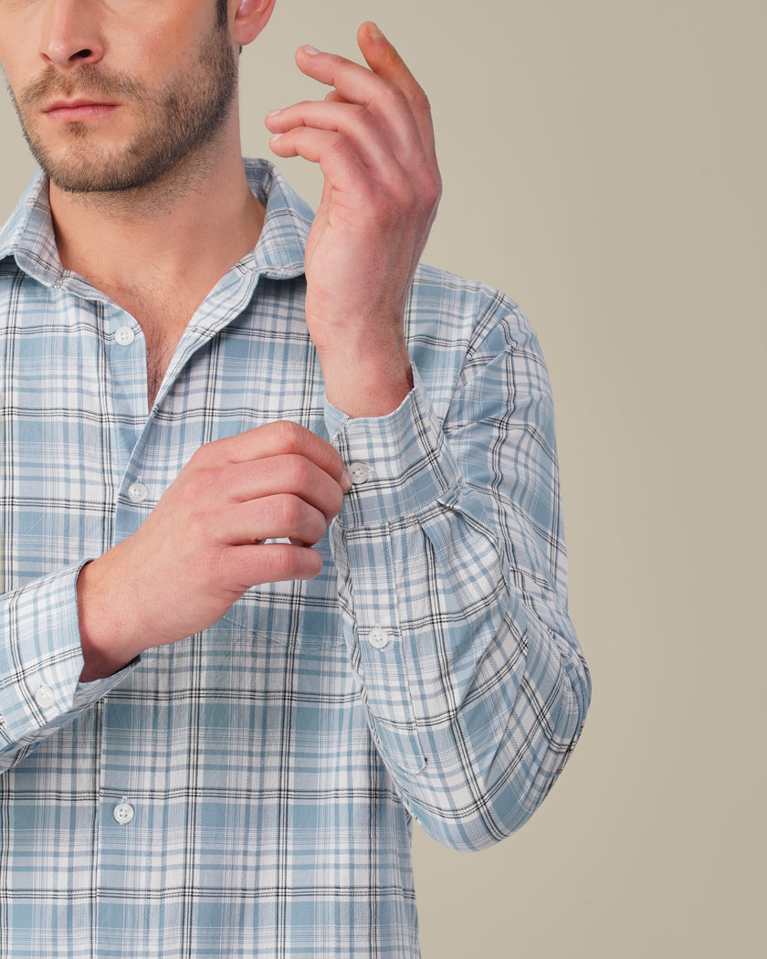 Light Blue Plaid Cotton Slub Regular Fit Shirt