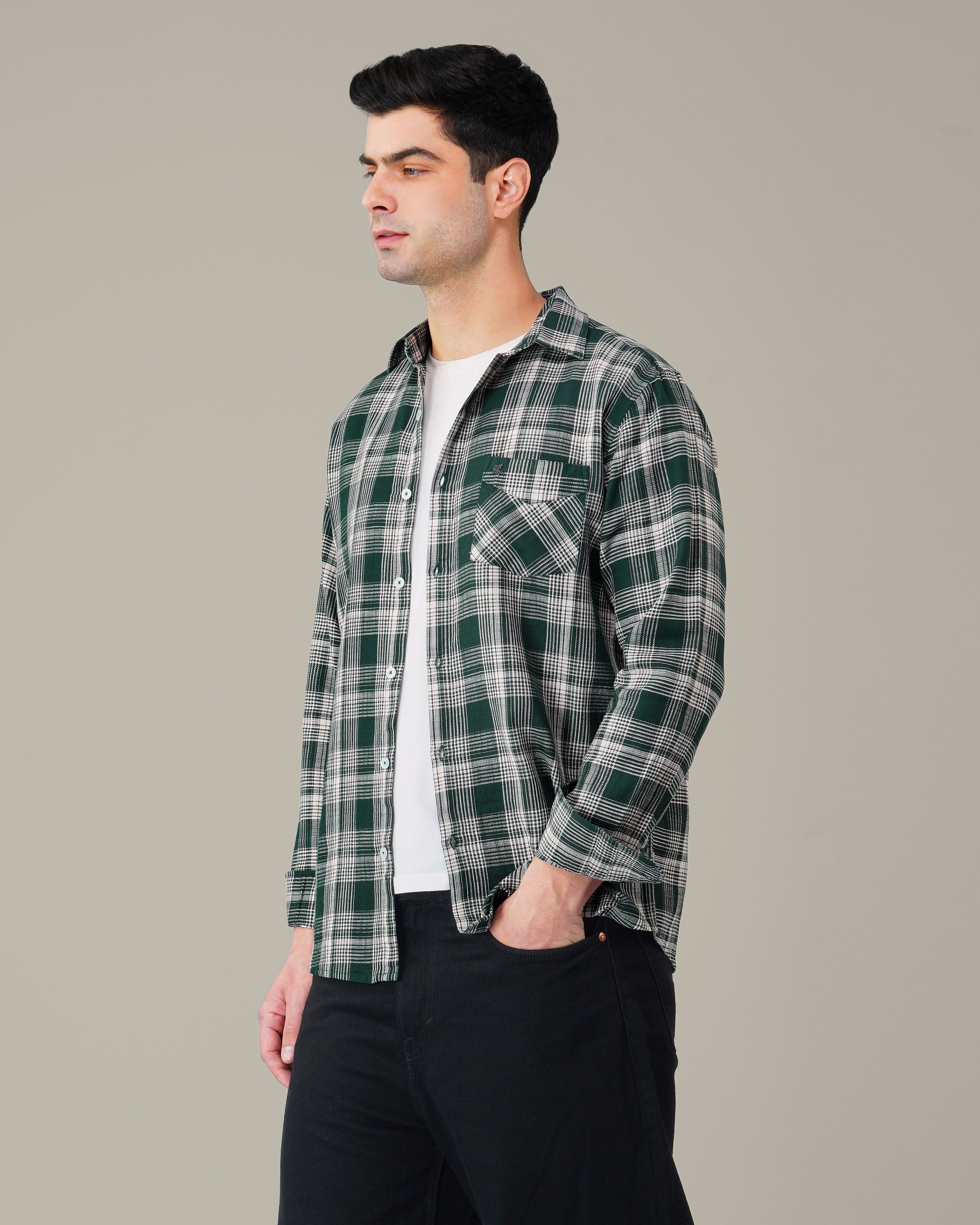 Dark Green Checkered Cotton Classic Fit Shirt