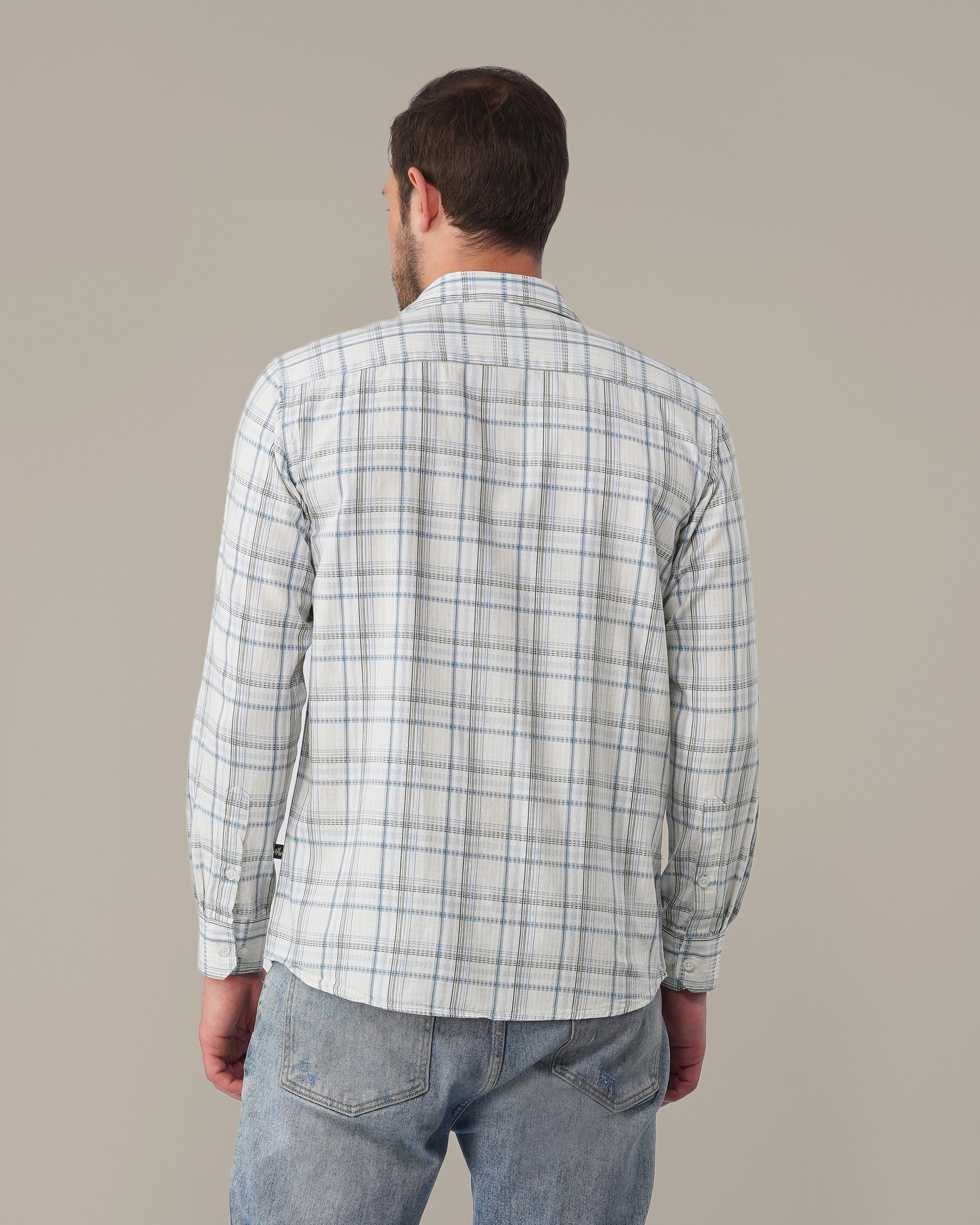White and Light Blue Plaid 100% Cotton Slub Shirt