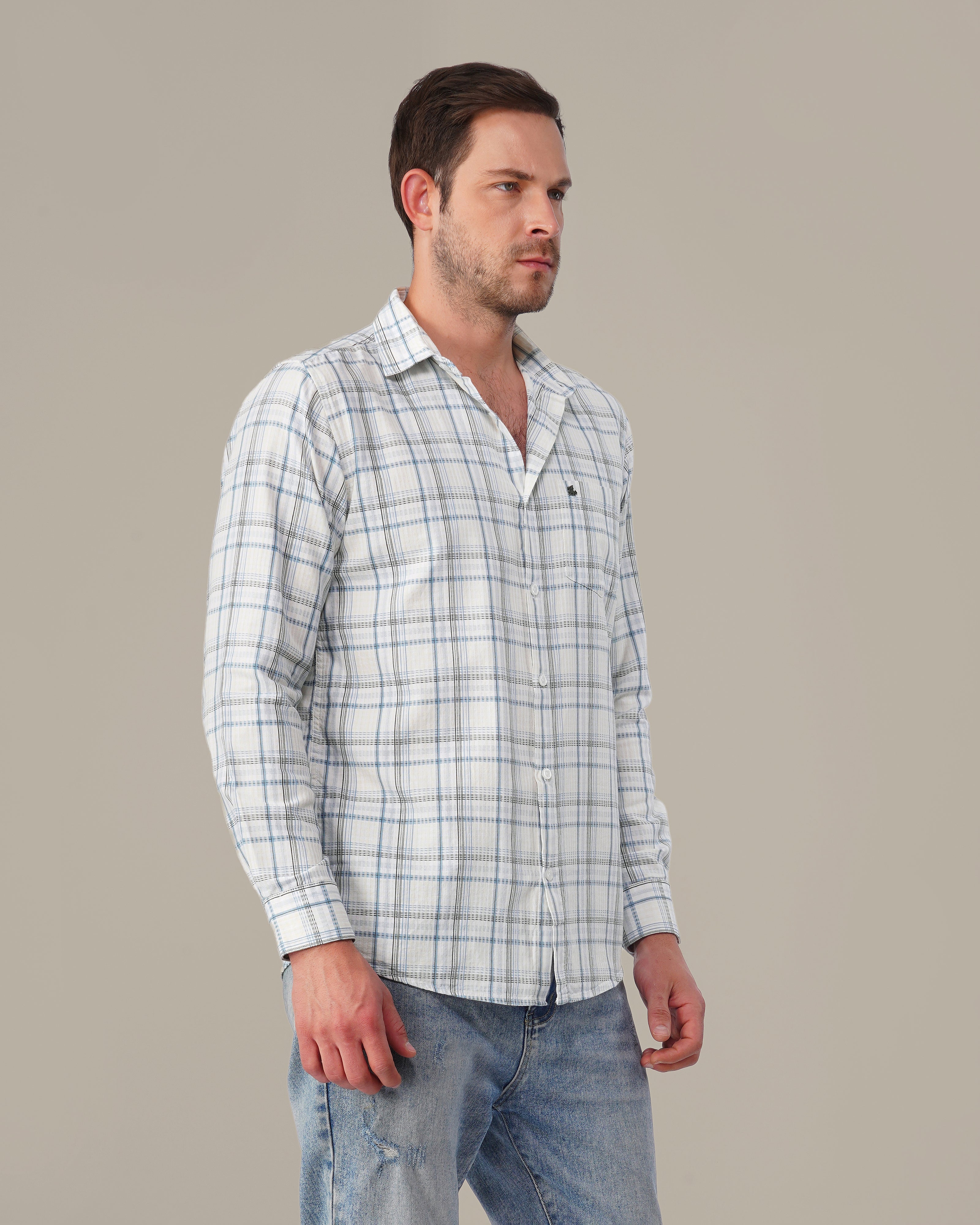 White and Light Blue Plaid 100% Cotton Slub Shirt