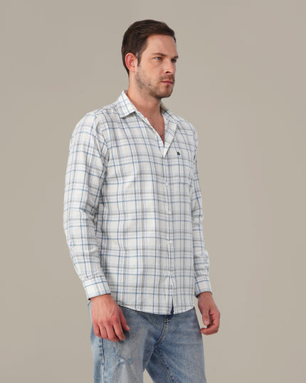 White and Light Blue Plaid 100% Cotton Slub Shirt