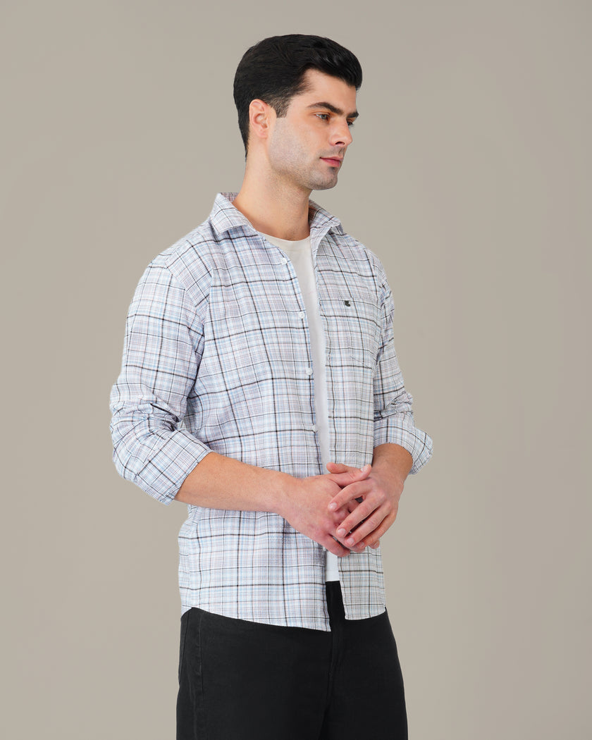 Pink and Blue Plaid Linen-Cotton Blend Classic Collar Shirt